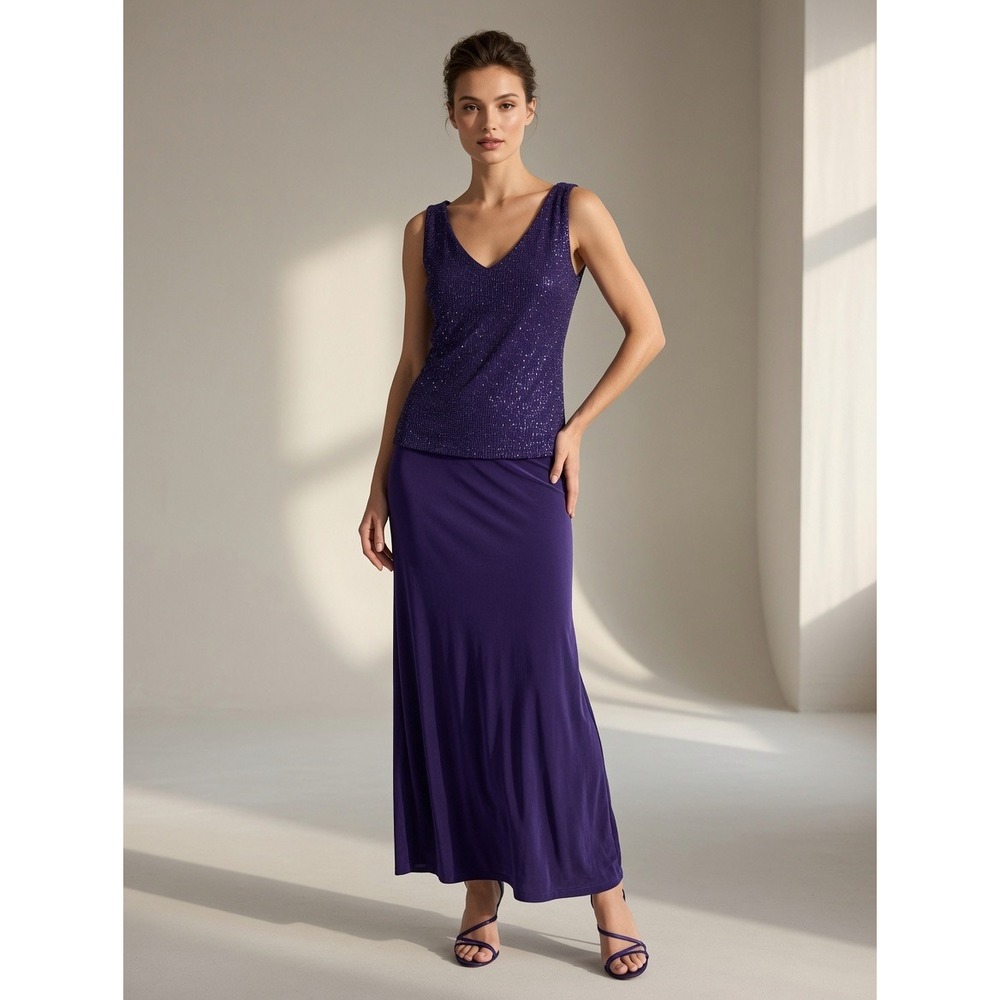 Ronni Nicole Purple Glitter V-Neck Sleeveless Maxi Dress Formal Gown Size 12